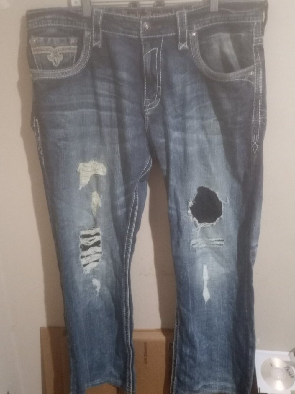 Rock Revival Men's Joel Straight Denim Jeans 40 X 31 Distressed Blue